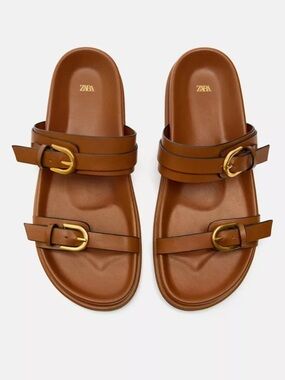 ZARA Buckled Flat Slider Sandals Double Strap with Gold Accents